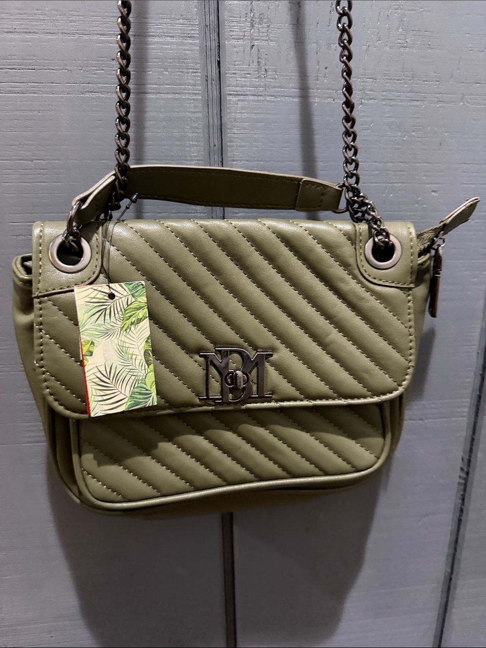 Badgley Mischka Quilted Olive Crossbody Shoulder Bag with Chain Strap